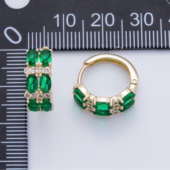 14K Gold Filled Green CZ Oval Huggie Earrings | Emerald Look Hoops - Picture 9 of 9